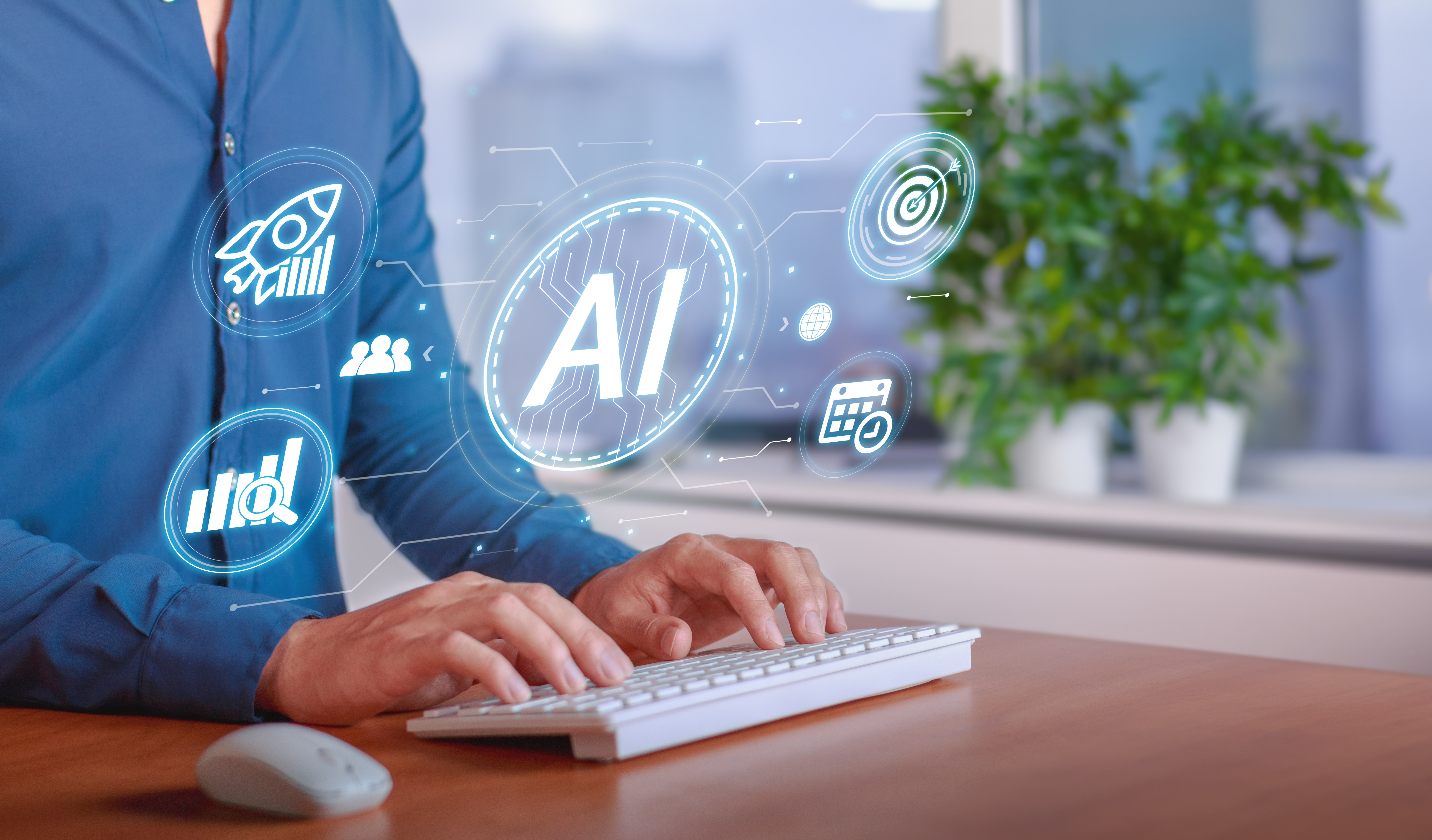 Person typing with innovative AI technology display